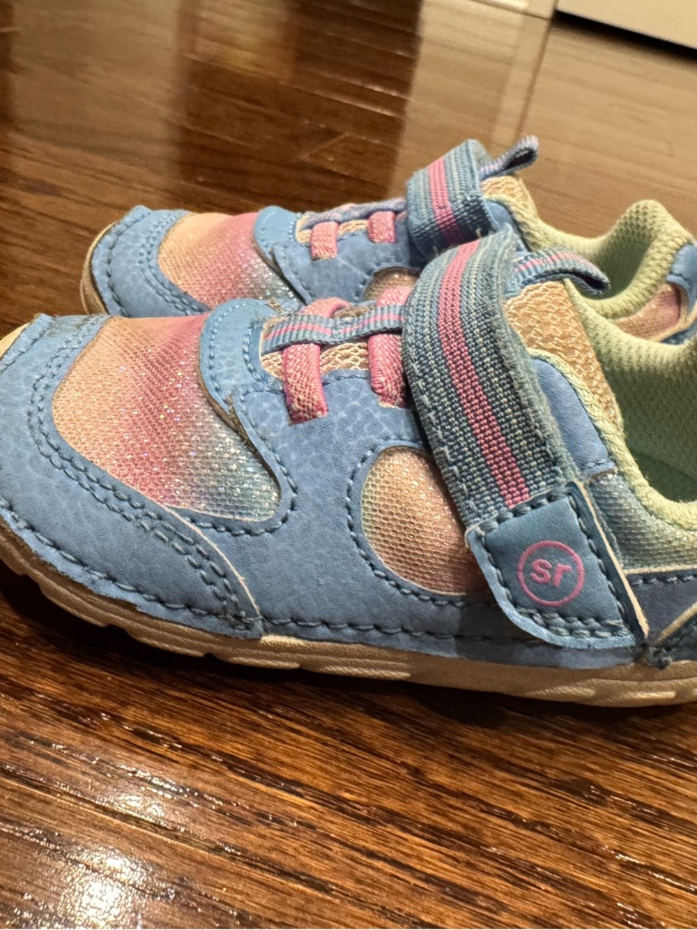 Stride Rote infant/toddler Kids Blue and Pink Glitter Strap Sneakers